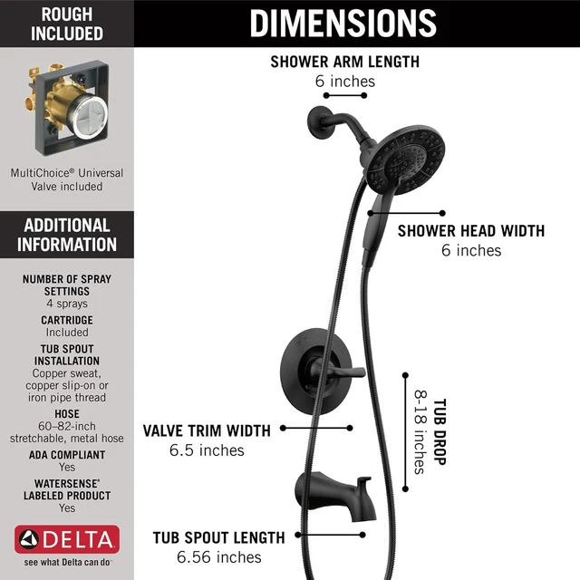 Alt view image 3 of 7 - Delta Arvo 14 Series Matte Black Bathtub Shower Faucet Set with In2ition 2-in-1 Dual Shower Head with Handheld Spray Combo, Valve Trim Kit, Matte Black 144840-BL-I (Valve Included)