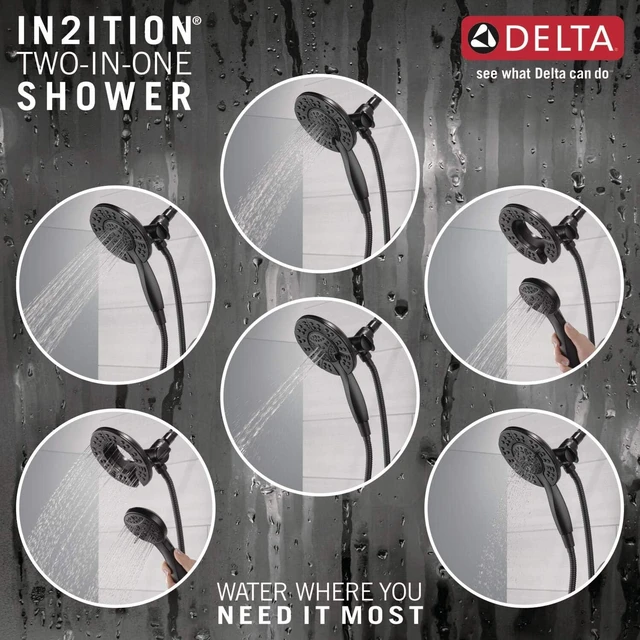 Alt view image 5 of 7 - Delta Arvo 14 Series Matte Black Bathtub Shower Faucet Set with In2ition 2-in-1 Dual Shower Head with Handheld Spray Combo, Valve Trim Kit, Matte Black 144840-BL-I (Valve Included)