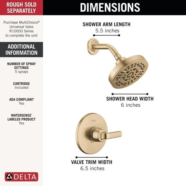 Alt view image 3 of 7 - Delta Lineax 14 Series 5-Setting Shower Faucet Set, Brushed Gold Shower Head and Handle Set, Valve Trim Kit, Champagne Bronze T14262-CZ (Valve Not Included)