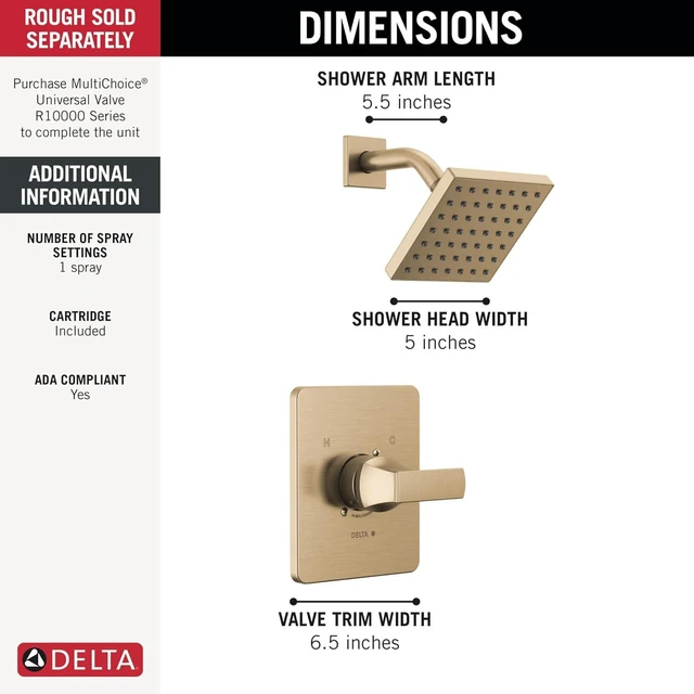Alt view image 3 of 7 - Delta Velum 14 Series Shower Faucet Set, Brushed Gold Shower Head and Handle Set, Valve Trim Kit, Champagne Bronze T14237-CZ (Valve Not Included)
