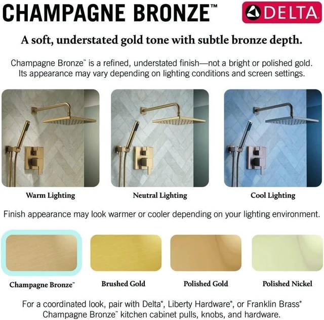 Alt view image 5 of 7 - Delta Modern 14 Series Round Rain Shower Faucet Set, Brushed Gold Shower Head and Handle Set, Valve Trim Kit, Champagne Bronze T14269-CZ-PP (Valve Not Included)