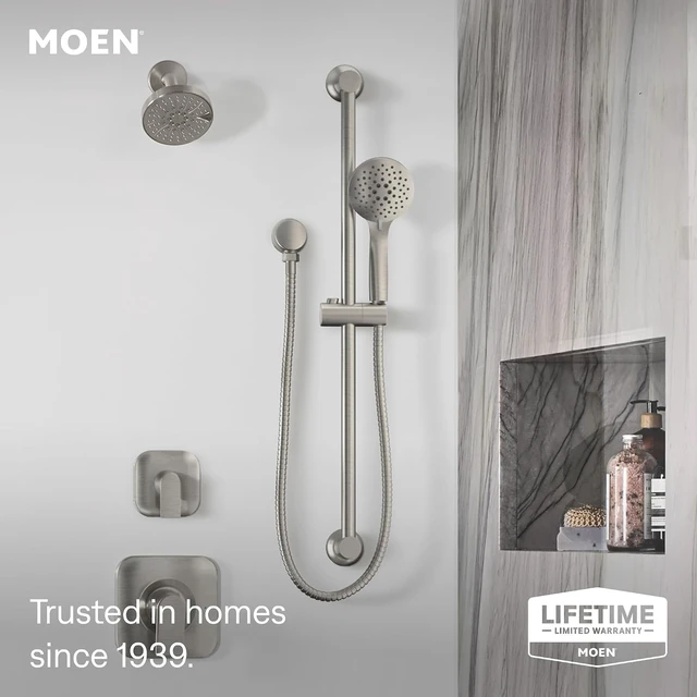 Alt view image 3 of 7 - Moen Brushed Nickel Eco-Performance 5-Function Handheld Removable Shower Head, Adjustable 30-Inch Slide Bar and 69-Inch Long Hose, 3558EPBN