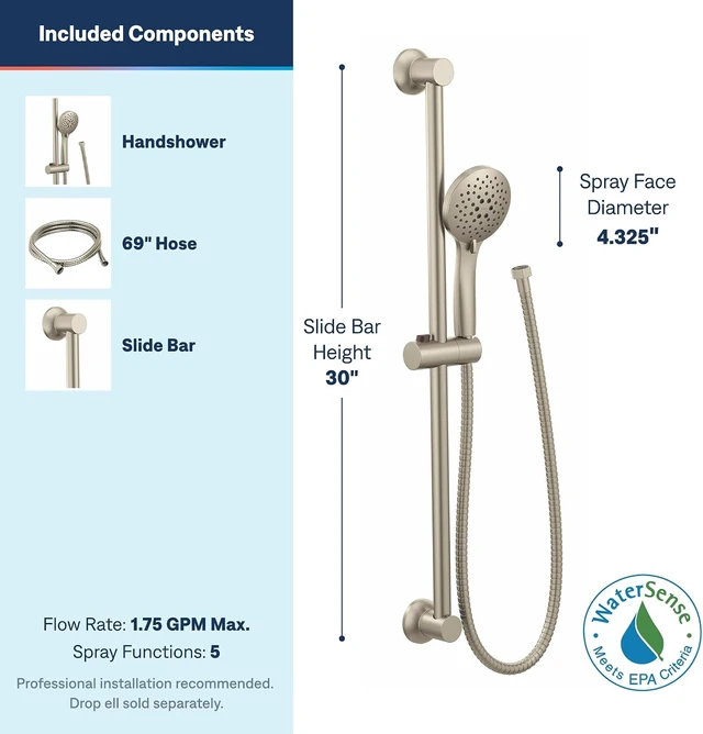 Alt view image 5 of 7 - Moen Brushed Nickel Eco-Performance 5-Function Handheld Removable Shower Head, Adjustable 30-Inch Slide Bar and 69-Inch Long Hose, 3558EPBN