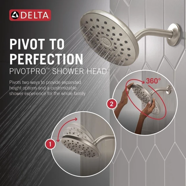 Alt view image 2 of 7 - Delta PivotPro Brushed Nickel Rain Showerhead, Single Setting 7 Inch Round Shower Head, Showerheads, 1.75 GPM Flow Rate, SpotShield Brushed Nickel 75104SN