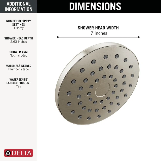 Alt view image 4 of 7 - Delta PivotPro Brushed Nickel Rain Showerhead, Single Setting 7 Inch Round Shower Head, Showerheads, 1.75 GPM Flow Rate, SpotShield Brushed Nickel 75104SN