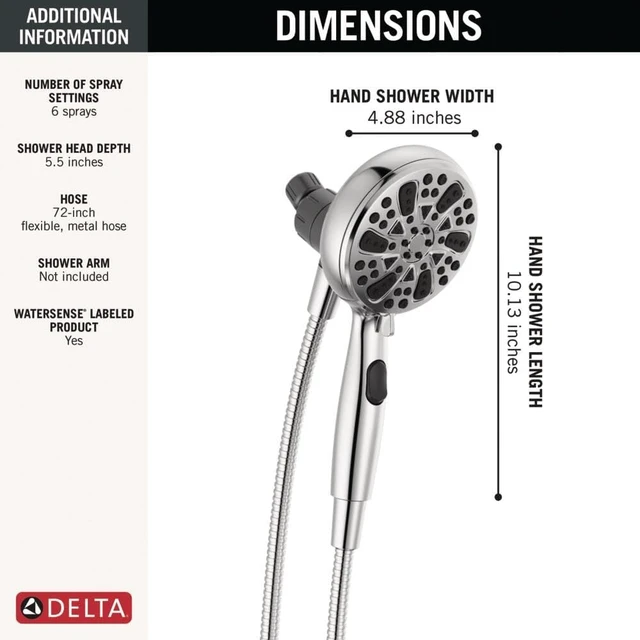 Alt view image 3 of 7 - Delta Faucet 6-Spray SureDock Magnetic Shower Head with Handheld Spray, Chrome Shower Head with Hose, Showerheads & Handheld Showers, Handheld Shower Heads, MagnaTite Docking, Chrome 75609