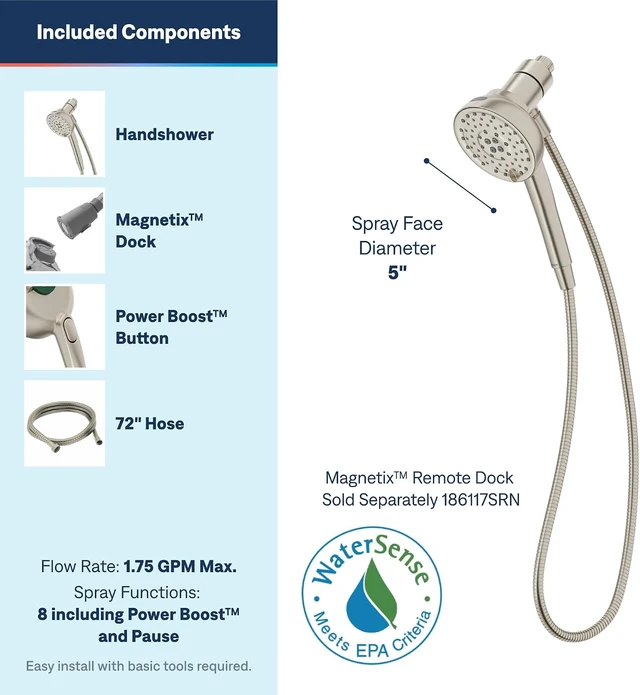 Alt view image 3 of 7 - Moen Magnetix 8-Function Spot Resist Brushed Nickel Removable Handshower with Power Boost Cleaning Spray, 260H1EPSRN