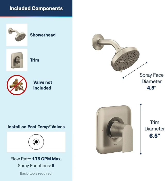 Alt view image 3 of 7 - Moen Genta LX Pressure Balancing Eco-Performance Modern Shower Trim with Showerhead and Lever Handle, Posi-Temp Valve Required, Brushed Nickel, T2472EPBN