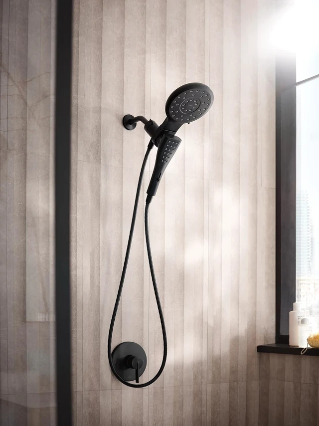 Alt view image 3 of 7 - Moen Verso Matte Black Eight-Function 7" Wide Spray Shower Head and Detachable Handshower Combo with 72" Hose, 220C3BL