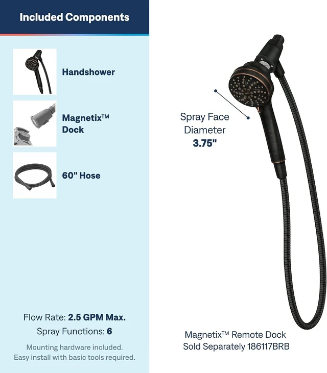 Alt view image 3 of 7 - Moen Engage Magnetix Mediterranean Bronze 3.5-Inch Six-Function Detachable Handheld Showerhead with Magnetic Docking System, 26100BRB