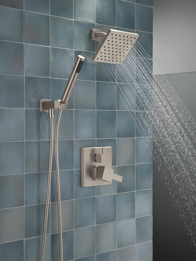 Alt view image 2 of 7 - Delta Modern Square Shower System Faucet Set, Brushed Nickel 6.5-inch Shower Head and Handle Set, Valve Trim Kit, Spotshield Stainless T342703-SP (Valve Not Included)