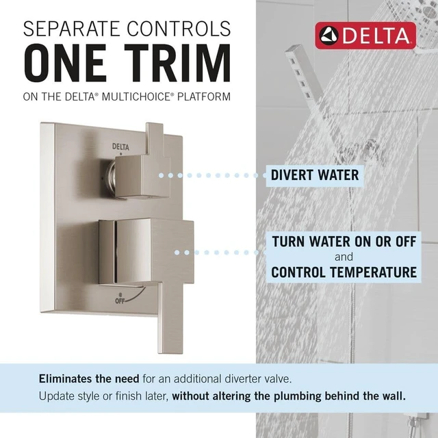 Alt view image 3 of 7 - Delta Modern Square Shower System Faucet Set, Brushed Nickel 6.5-inch Shower Head and Handle Set, Valve Trim Kit, Spotshield Stainless T342703-SP (Valve Not Included)