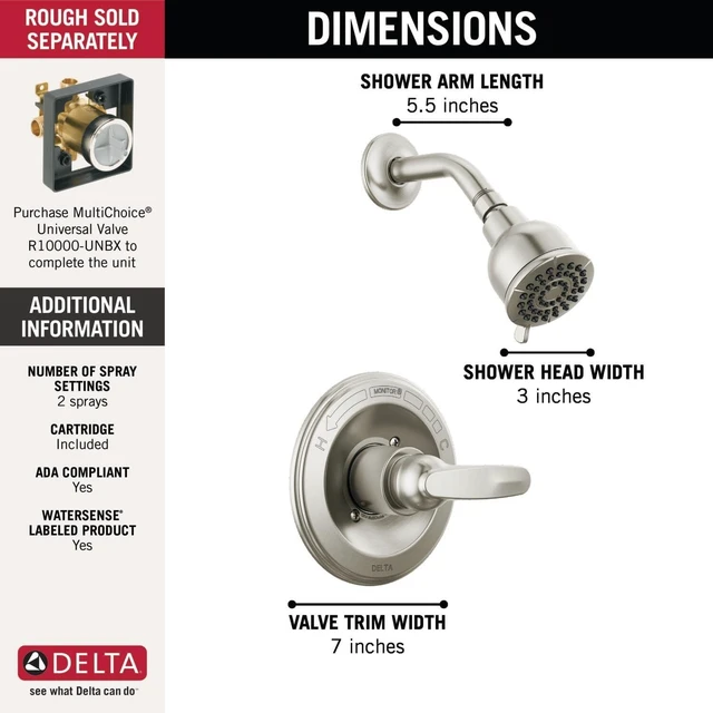 Alt view image 3 of 7 - Delta Foundations 13 Series 2-Spray Shower Faucet Set, Brushed Nickel Shower Head and Handle Set, Valve Trim Kit, Stainless BT13210-SS (Valve Not Included)