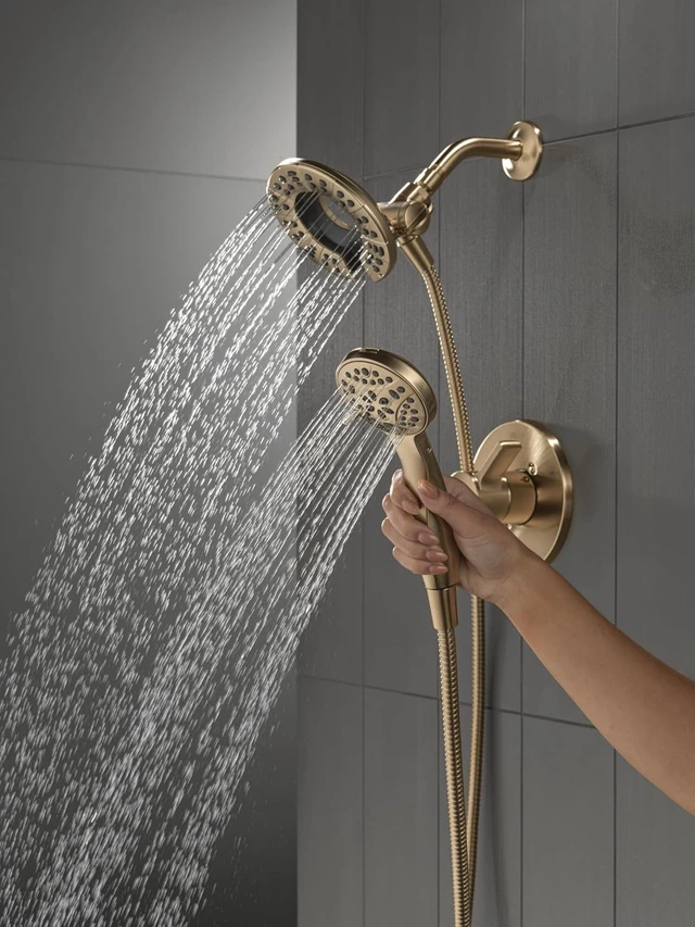 Alt view image 2 of 7 - Delta Faucet Albion 14 Series Single-Handle Shower Faucet, Gold Shower Trim Kit with 4-Setting In2ition 2-in-1 Dual Hand Held Shower Head with Hose, Champagne Bronze T142855-CZ-I (Valve Not Included)