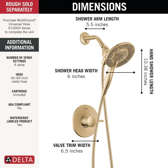 Alt view image 5 of 7 - Delta Faucet Albion 14 Series Single-Handle Shower Faucet, Gold Shower Trim Kit with 4-Setting In2ition 2-in-1 Dual Hand Held Shower Head with Hose, Champagne Bronze T142855-CZ-I (Valve Not Included)