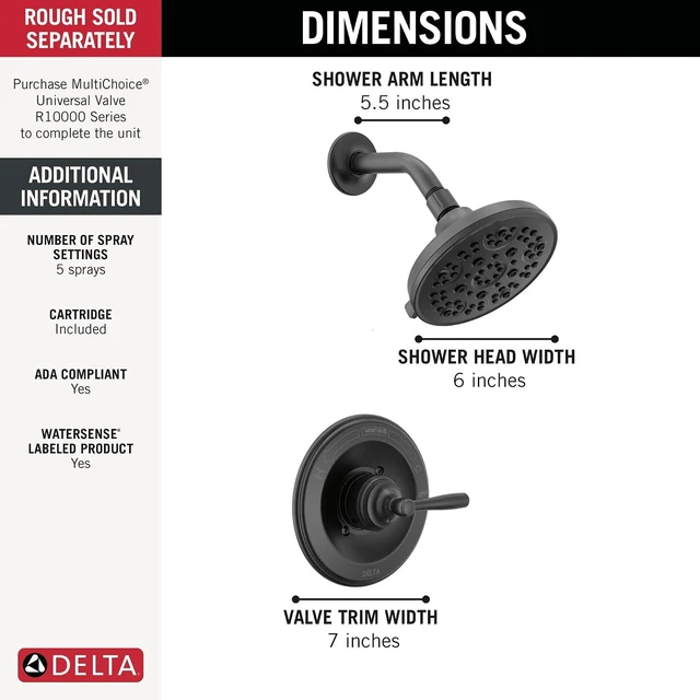 Alt view image 3 of 7 - Delta Roe 14 Series 5-Setting Shower Faucet Set, Matte Black Shower Head and Handle Set, Valve Trim Kit, Matte Black T142985-BL (Valve Not Included)
