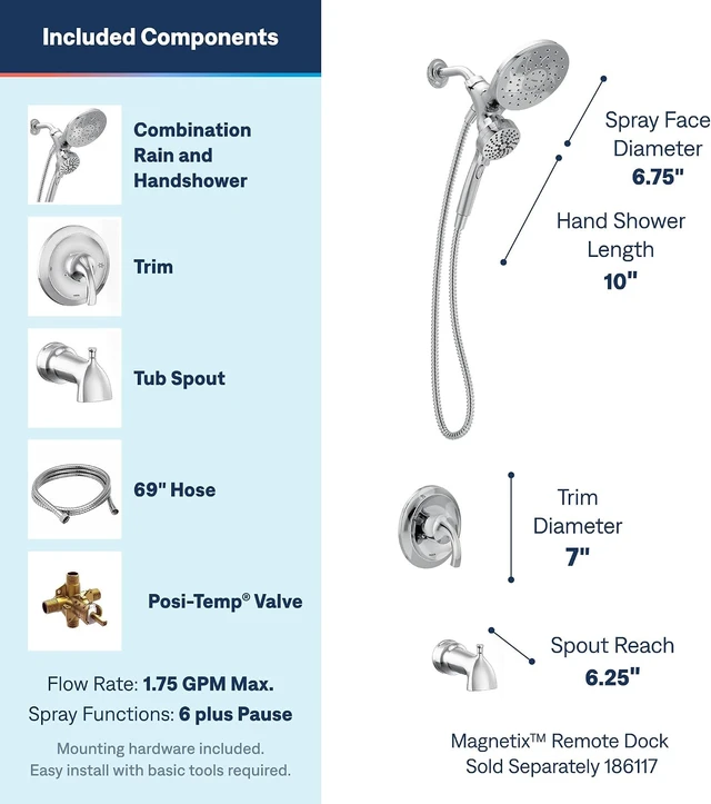 Alt view image 3 of 7 - Moen Engage Magnetix 6-Function Handheld Showerhead and Rain Shower Head Combo, Tub and Shower Trim Kit with Valve, Handle, Tub Spout, Metal Hose, Chrome, 82304