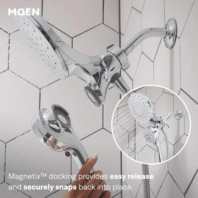 Alt view image 6 of 7 - Moen Engage Magnetix 6-Function Handheld Showerhead and Rain Shower Head Combo, Tub and Shower Trim Kit with Valve, Handle, Tub Spout, Metal Hose, Chrome, 82304