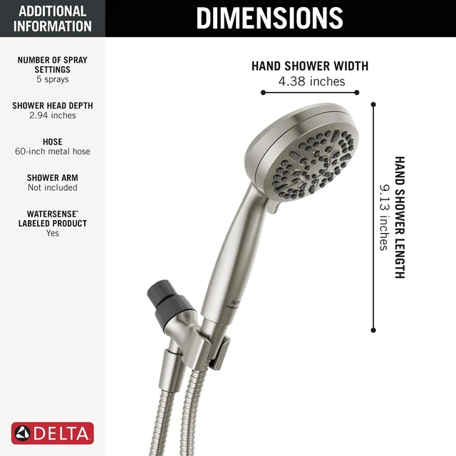 Alt view image 3 of 7 - Delta Faucet 5-Setting Handheld Shower Head, Brushed Nickel Shower Head with Hose, Showerheads & Handheld Showers, Handheld Shower Heads, Detachable Shower Head 1.75 GPM, Brushed Nickel 75511SN
