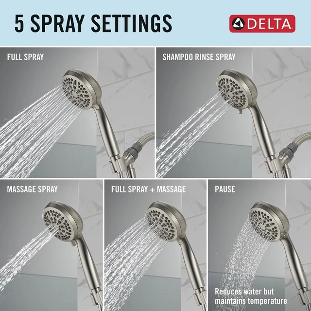 Alt view image 5 of 7 - Delta Faucet 5-Setting Handheld Shower Head, Brushed Nickel Shower Head with Hose, Showerheads & Handheld Showers, Handheld Shower Heads, Detachable Shower Head 1.75 GPM, Brushed Nickel 75511SN