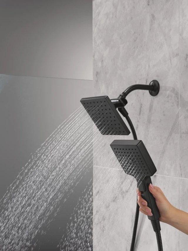Alt view image 2 of 7 - Delta Square 2-in-1 Dual Shower Head with 4-Setting HandHeld Spray, Matte Black Detachable Double Shower Head with Hose, Showerhead, 1.75 GPM Flow Rate, Matte Black 75755BL