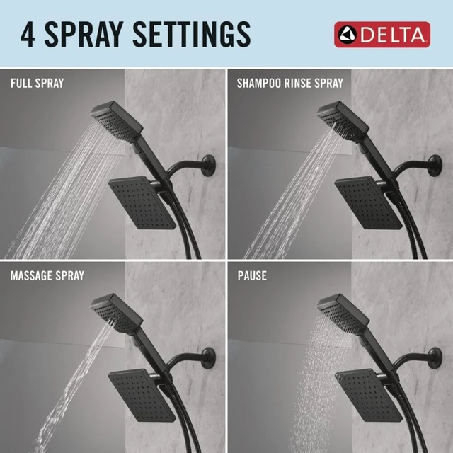 Alt view image 4 of 7 - Delta Square 2-in-1 Dual Shower Head with 4-Setting HandHeld Spray, Matte Black Detachable Double Shower Head with Hose, Showerhead, 1.75 GPM Flow Rate, Matte Black 75755BL