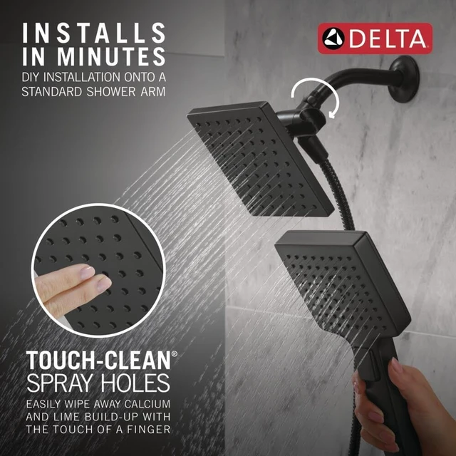 Alt view image 5 of 7 - Delta Square 2-in-1 Dual Shower Head with 4-Setting HandHeld Spray, Matte Black Detachable Double Shower Head with Hose, Showerhead, 1.75 GPM Flow Rate, Matte Black 75755BL