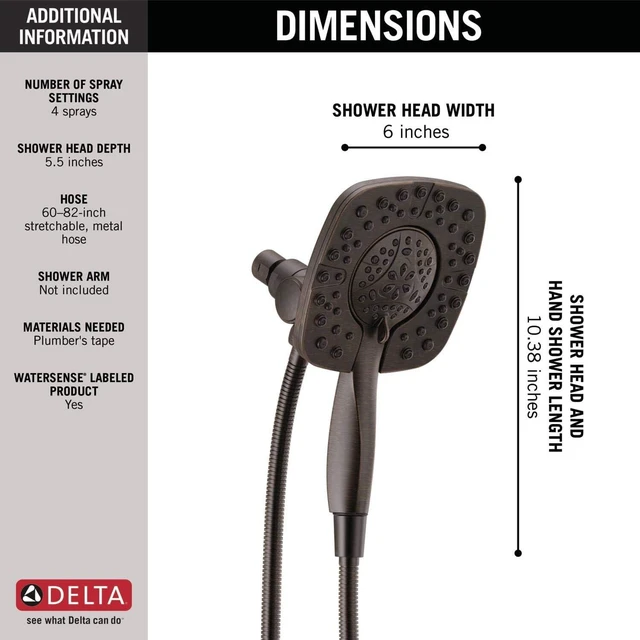 Alt view image 4 of 7 - Delta 4-Setting In2ition 2-in-1 Dual Shower Head with HandHeld Spray, Venetian Bronze Detachable Shower Head with Hose, Showerhead, 1.75 GPM Flow Rate, Venetian Bronze 58498-RB