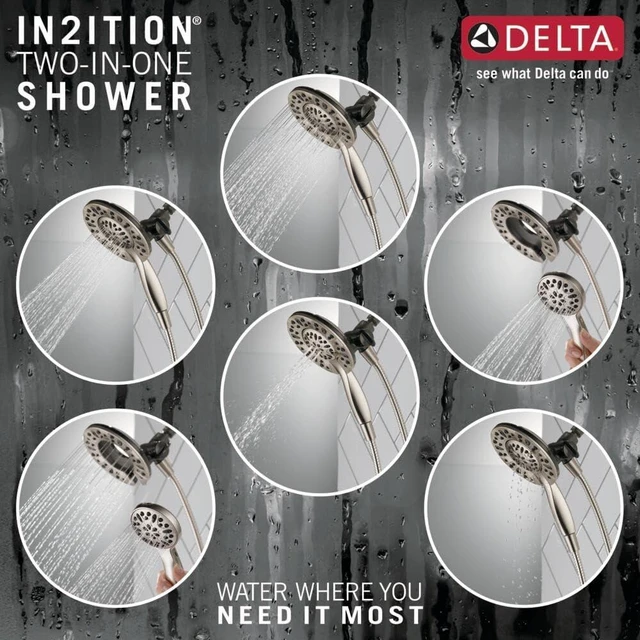 Alt view image 3 of 7 - Delta 4-Setting In2ition 2-in-1 Dual Shower Head with Handheld Spray, Brushed Nickel Detachable Shower Head with Hose, 2.5 GPM Flow Rate, Spotshield Nickel 75490SN