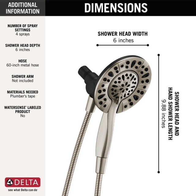Alt view image 4 of 7 - Delta 4-Setting In2ition 2-in-1 Dual Shower Head with Handheld Spray, Brushed Nickel Detachable Shower Head with Hose, 2.5 GPM Flow Rate, Spotshield Nickel 75490SN