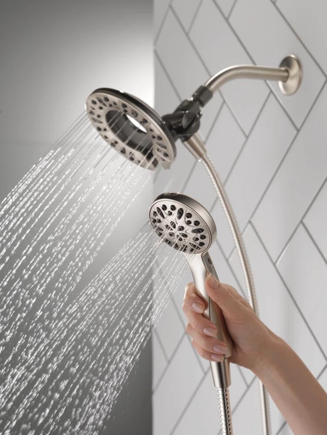 Alt view image 2 of 7 - Delta 4-Setting In2ition 2-in-1 Dual Shower Head with Handheld Spray, Brushed Nickel Detachable Shower Head with Hose, 2.5 GPM Flow Rate, Spotshield Nickel 75490SN