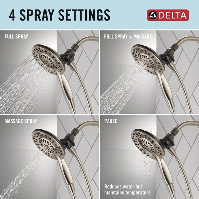 Alt view image 5 of 7 - Delta 4-Setting In2ition 2-in-1 Dual Shower Head with Handheld Spray, Brushed Nickel Detachable Shower Head with Hose, 2.5 GPM Flow Rate, Spotshield Nickel 75490SN