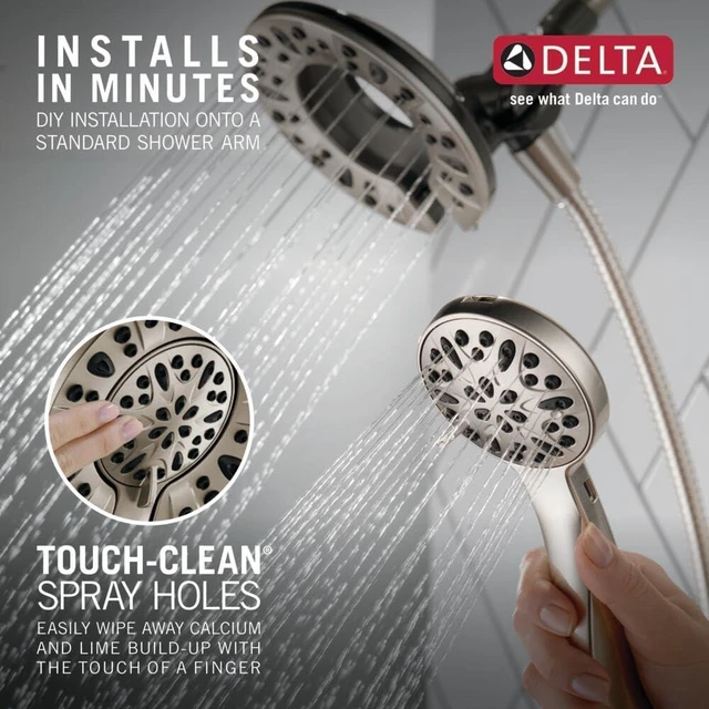 Alt view image 6 of 7 - Delta 4-Setting In2ition 2-in-1 Dual Shower Head with Handheld Spray, Brushed Nickel Detachable Shower Head with Hose, 2.5 GPM Flow Rate, Spotshield Nickel 75490SN