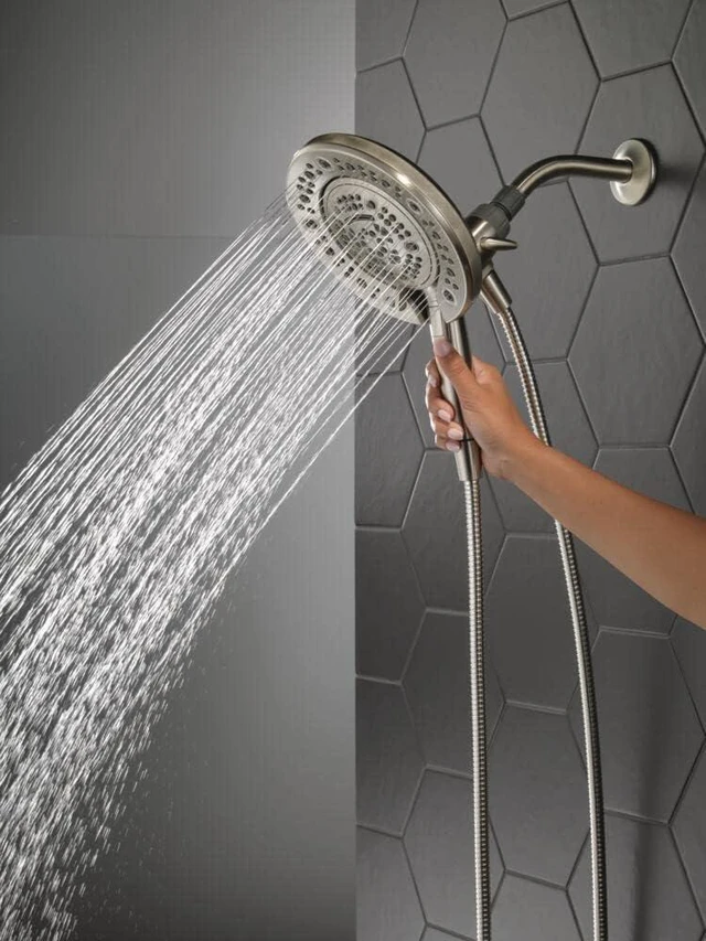 Alt view image 2 of 7 - Delta Faucet 7-Setting In2ition Dual Shower Head with Handheld Spray, Brushed Nickel Shower Head with Hose, Showerheads & Handheld Showers, Handheld Shower Heads, Satin Nickel 75687DSN