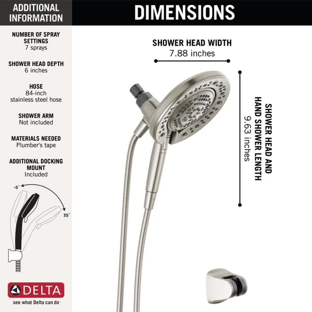 Alt view image 4 of 7 - Delta Faucet 7-Setting In2ition Dual Shower Head with Handheld Spray, Brushed Nickel Shower Head with Hose, Showerheads & Handheld Showers, Handheld Shower Heads, Satin Nickel 75687DSN