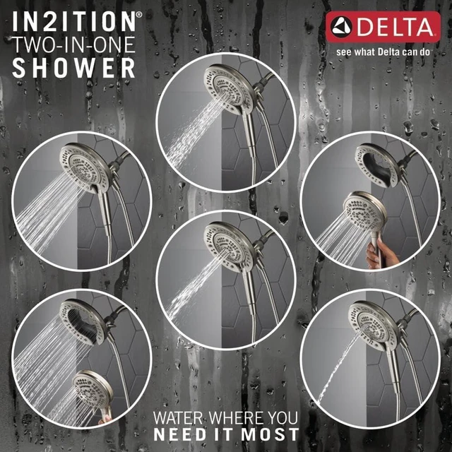 Alt view image 7 of 7 - Delta Faucet 7-Setting In2ition Dual Shower Head with Handheld Spray, Brushed Nickel Shower Head with Hose, Showerheads & Handheld Showers, Handheld Shower Heads, Satin Nickel 75687DSN
