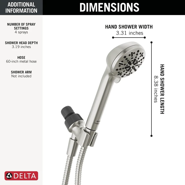 Alt view image 3 of 6 - Delta Faucet 4-Spray Handheld Shower Head, Brushed Nickel Shower Head with Hose, Showerheads & Handheld Showers, Handheld Shower Heads, Detachable Shower Head 2.5 GPM, Brushed Nickel 75413DSN