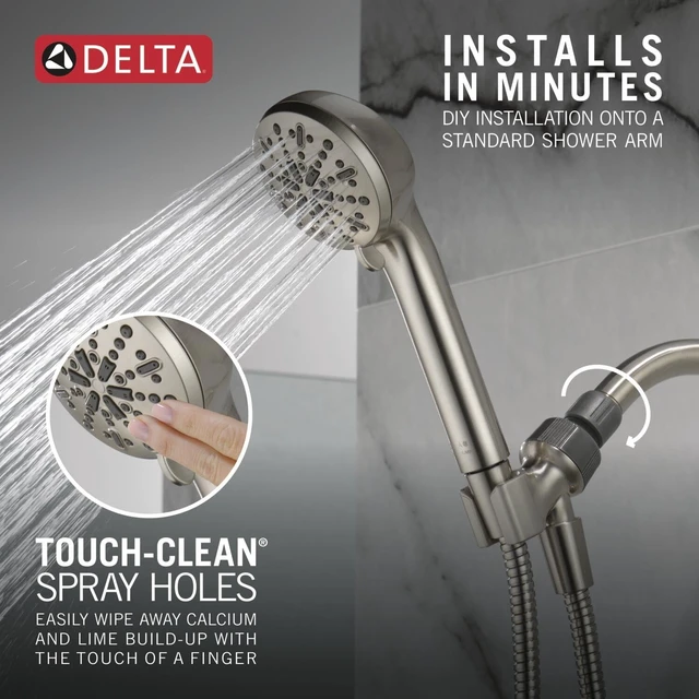 Alt view image 4 of 6 - Delta Faucet 4-Spray Handheld Shower Head, Brushed Nickel Shower Head with Hose, Showerheads & Handheld Showers, Handheld Shower Heads, Detachable Shower Head 2.5 GPM, Brushed Nickel 75413DSN