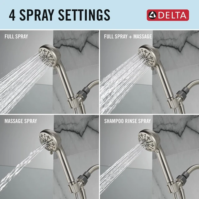 Alt view image 6 of 6 - Delta Faucet 4-Spray Handheld Shower Head, Brushed Nickel Shower Head with Hose, Showerheads & Handheld Showers, Handheld Shower Heads, Detachable Shower Head 2.5 GPM, Brushed Nickel 75413DSN