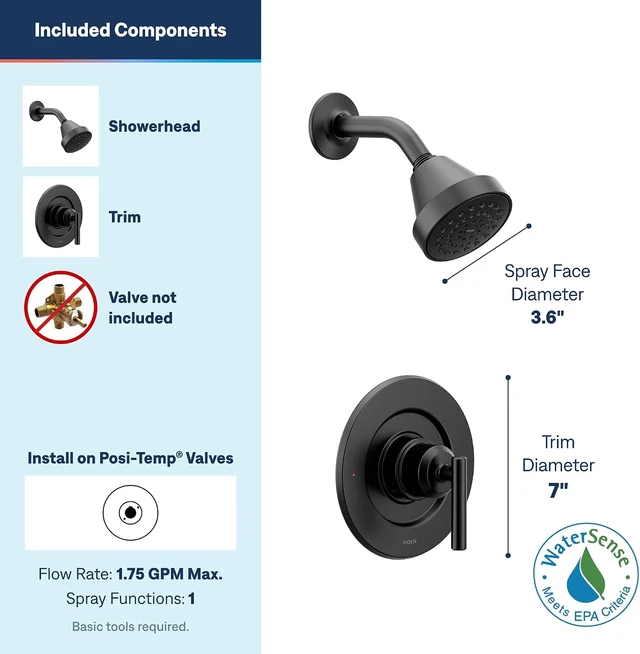 Alt view image 3 of 7 - Moen Gibson Matte Black Eco-Performance Modern Shower Trim Featuring Bathroom Showerhead and Lever Handle, Posi-Temp Valve Required, T2902EPBL