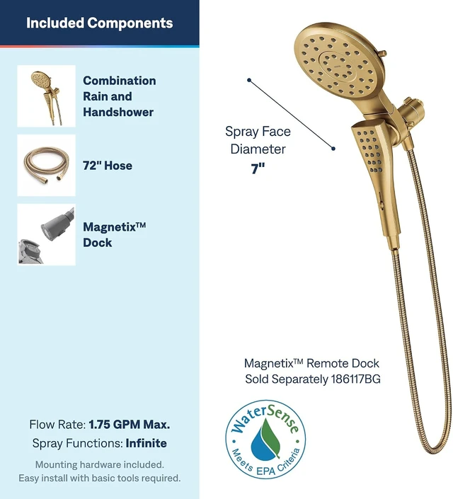 Alt view image 3 of 7 - Moen Verso Brushed Gold Eight-Function Eco Performance 7" Wide Spray Shower Head and Detachable Handshower Combo with 72" Hose, 220C3EPBG