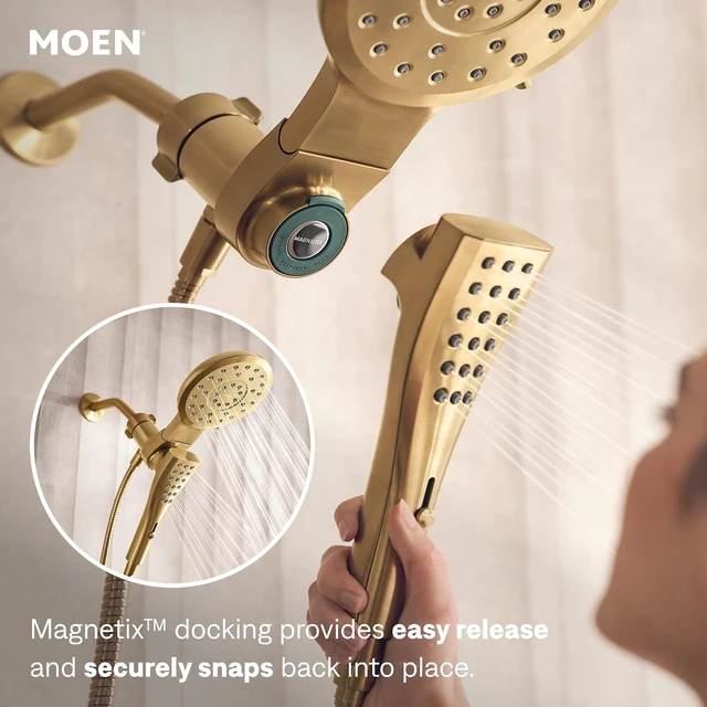 Alt view image 4 of 7 - Moen Verso Brushed Gold Eight-Function Eco Performance 7" Wide Spray Shower Head and Detachable Handshower Combo with 72" Hose, 220C3EPBG