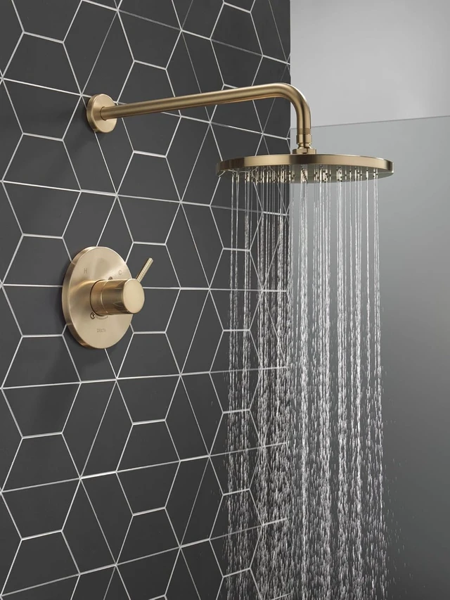 Alt view image 2 of 7 - Delta Modern 14 Series Round Rain Shower Faucet Set, Brushed Gold Shower Head and Handle Set, Valve Trim Kit, Champagne Bronze T14269-CZ-PP (Valve Not Included)