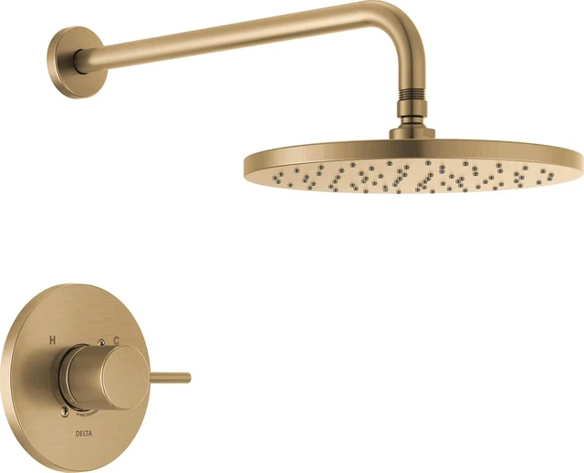 Main image of Delta Modern 14 Series Round Rain Shower Faucet Set, Brushed Gold Shower Head and Handle Set, Valve Trim Kit, Champagne Bronze T14269-CZ-PP (Valve Not Included)