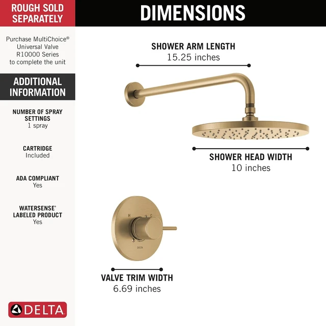 Alt view image 3 of 7 - Delta Modern 14 Series Round Rain Shower Faucet Set, Brushed Gold Shower Head and Handle Set, Valve Trim Kit, Champagne Bronze T14269-CZ-PP (Valve Not Included)