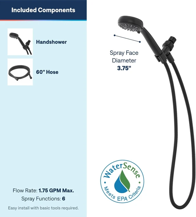 Alt view image 3 of 7 - Moen 6-Function Handheld Shower Head with Hose, Detachable Hand Shower, Matte Black, 280H1BL