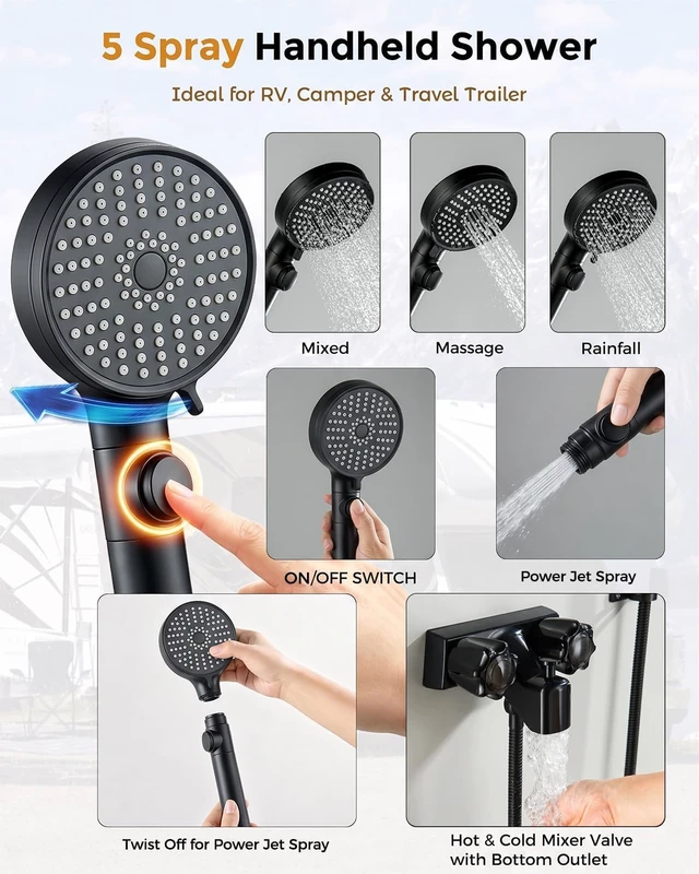 Alt view image 3 of 7 - Black 4 Inch RV Shower Faucet with Head & Hose Kit for Motorhome