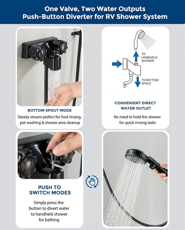 Alt view image 4 of 7 - Black 4 Inch RV Shower Faucet with Head & Hose Kit for Motorhome