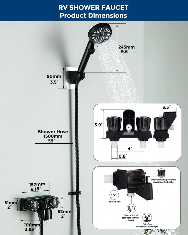 Alt view image 6 of 7 - Black 4 Inch RV Shower Faucet with Head & Hose Kit for Motorhome