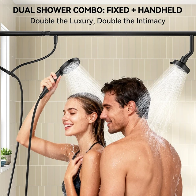 Alt view image 3 of 7 - Dual Shower Head with Handheld for Couples, Double Showerhead (Black)